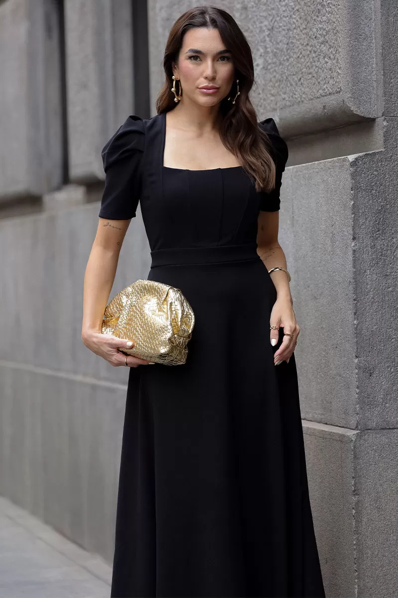 Miss Misses - Bruna Midi Dress with Puff Sleeves and Black Fins - 54428001 Miss Misses - Bruna Midi Dress with Puff Sleeves and Black Fins - 54428001