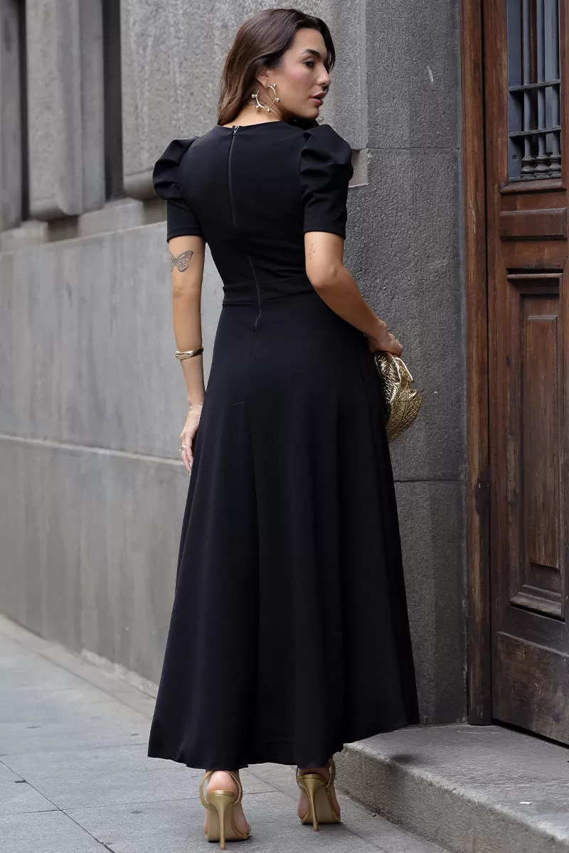 Miss Misses - Bruna Midi Dress with Puff Sleeves and Black Fins - 54428001 Miss Misses - Bruna Midi Dress with Puff Sleeves and Black Fins - 54428001