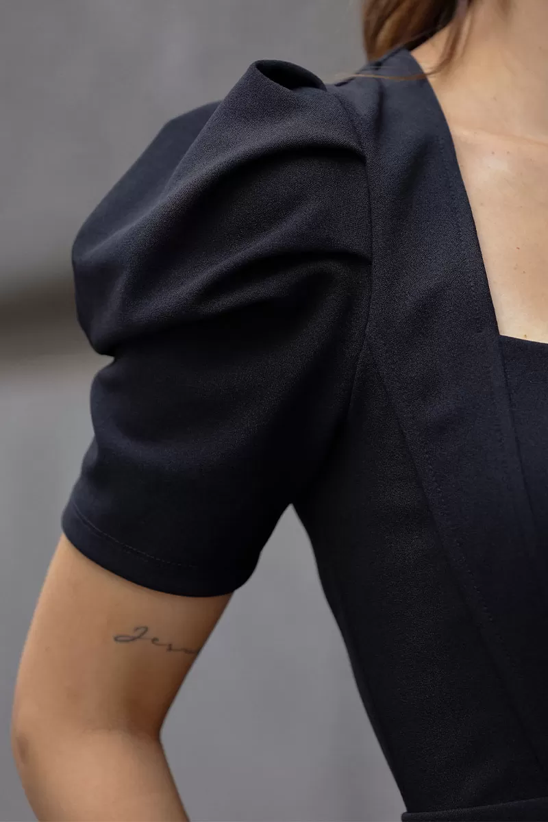Miss Misses - Bruna Midi Dress with Puff Sleeves and Black Fins - 54428001 Miss Misses - Bruna Midi Dress with Puff Sleeves and Black Fins - 54428001