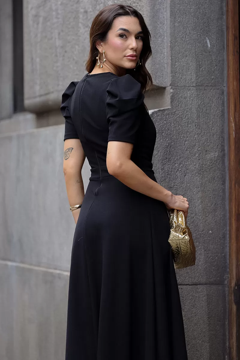Miss Misses - Bruna Midi Dress with Puff Sleeves and Black Fins - 54428001 Miss Misses - Bruna Midi Dress with Puff Sleeves and Black Fins - 54428001