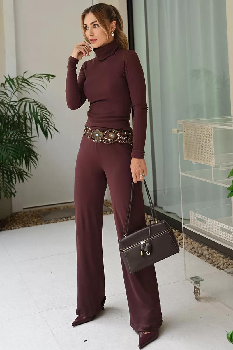 Miss Misses - Adriana Ribbed Pants with Elastic Waistband Brown - 54512214 Miss Misses - Adriana Ribbed Pants with Elastic Waistband Brown - 54512214