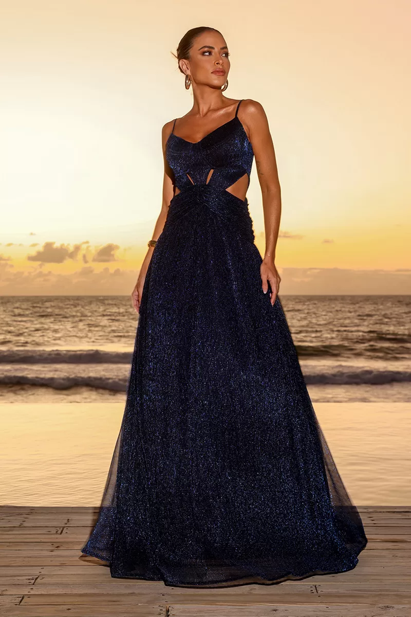 Dot Clothing - Dot Clothing Mirabel Lurex Navy Blue Long Dress - 2561MARINHO