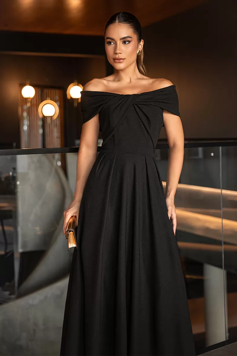 Dot Clothing - Dot Clothing Cleo Off-the-Shoulder Longuete Dress in Black - 2644PRETO Dot Clothing - Dot Clothing Cleo Off-the-Shoulder Longuete Dress in Black - 2644PRETO