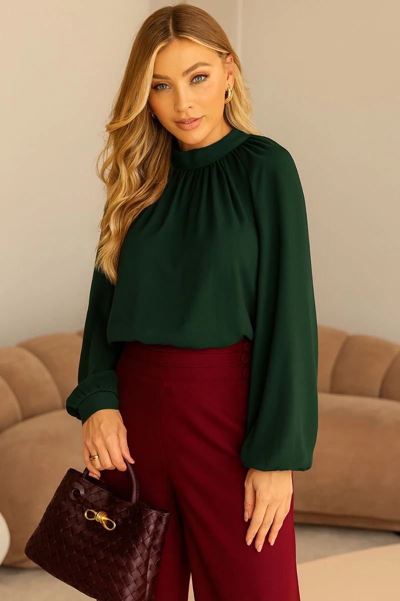 Miss Misses - Celina Crepe Shirt with Ruffled Collar, Long Sleeves, Green - 54515023