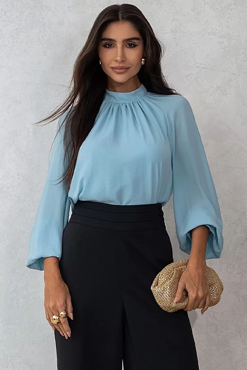 Miss Misses - Celina Crepe Shirt with Ruffled Collar, Long Sleeve, Blue - 54515002