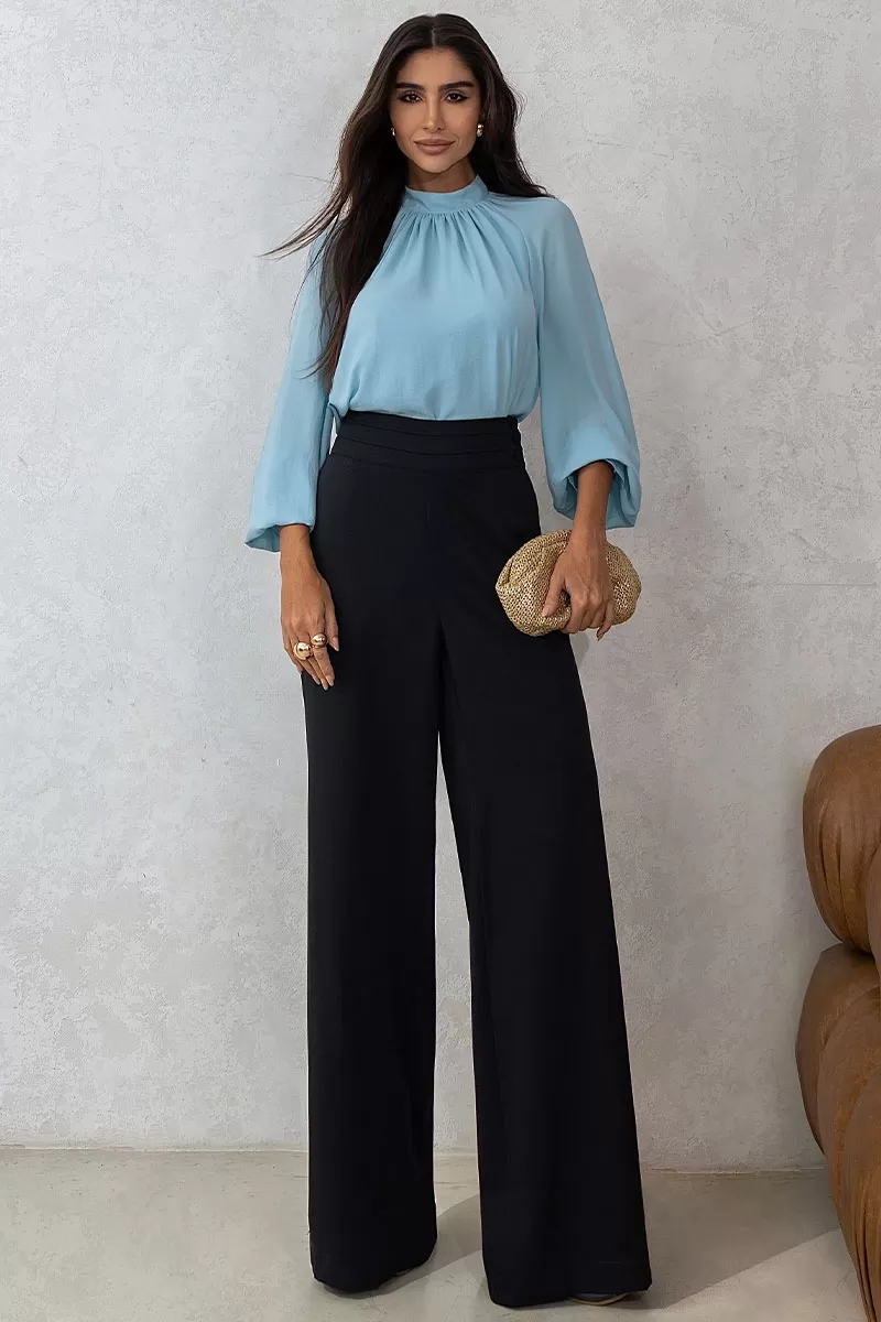 Miss Misses - Celina Crepe Shirt with Ruffled Collar, Long Sleeve, Blue - 54515002 Miss Misses - Celina Crepe Shirt with Ruffled Collar, Long Sleeve, Blue - 54515002