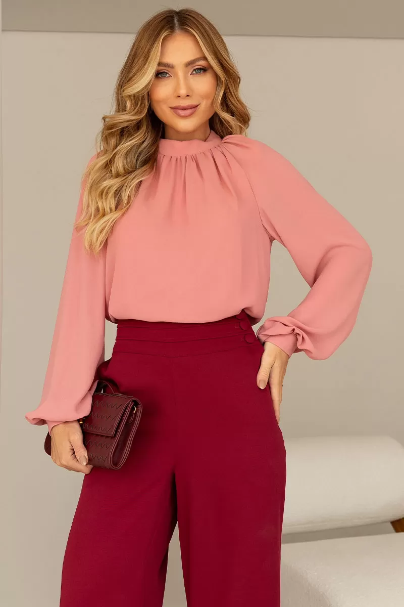 Miss Misses - Celina Crepe Shirt with Ruffled Collar, Long Sleeves, Pink - 54515031