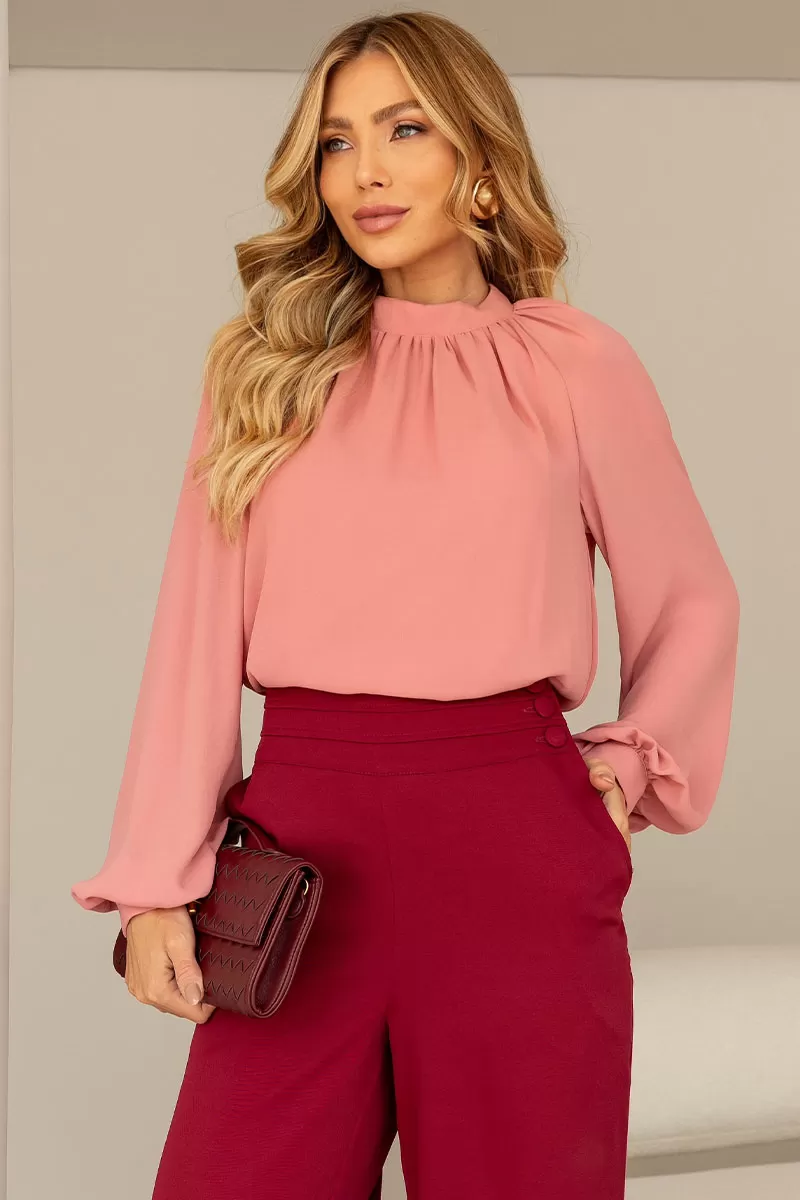 Miss Misses - Celina Crepe Shirt with Ruffled Collar, Long Sleeves, Pink - 54515031 Miss Misses - Celina Crepe Shirt with Ruffled Collar, Long Sleeves, Pink - 54515031
