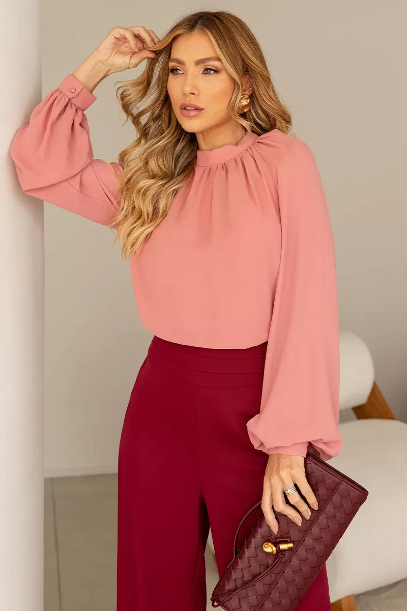 Miss Misses - Celina Crepe Shirt with Ruffled Collar, Long Sleeves, Pink - 54515031 Miss Misses - Celina Crepe Shirt with Ruffled Collar, Long Sleeves, Pink - 54515031