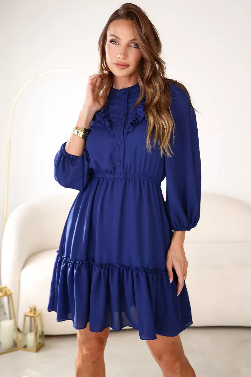 Miss Misses - Fatima Crepe Dress with EC frill/ Navy Button - 54501004 Miss Misses - Fatima Crepe Dress with EC frill/ Navy Button - 54501004