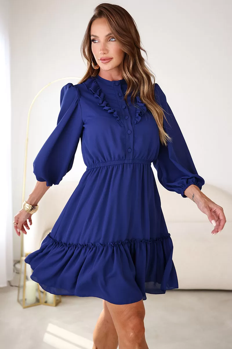 Miss Misses - Fatima Crepe Dress with EC frill/ Navy Button - 54501004 Miss Misses - Fatima Crepe Dress with EC frill/ Navy Button - 54501004