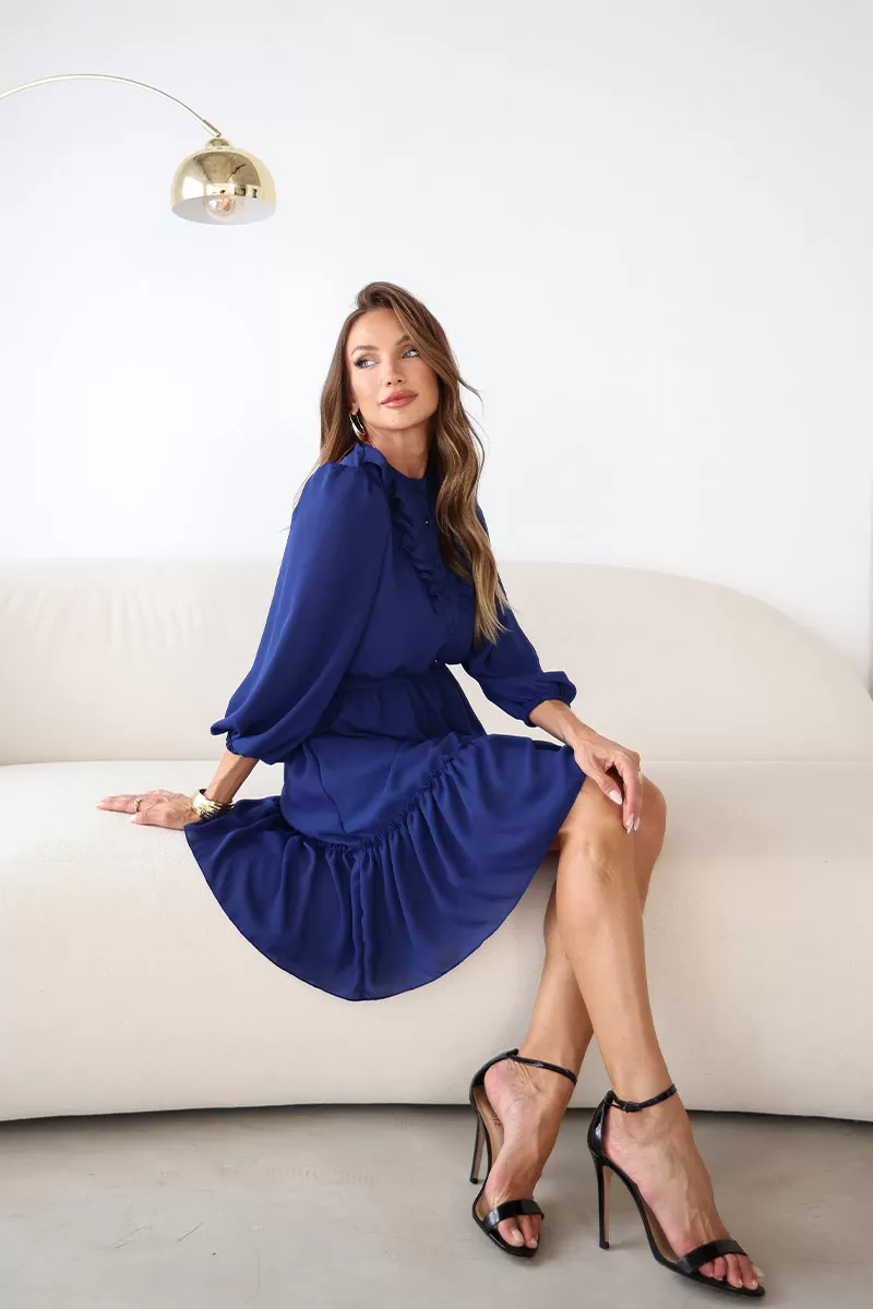 Miss Misses - Fatima Crepe Dress with EC frill/ Navy Button - 54501004 Miss Misses - Fatima Crepe Dress with EC frill/ Navy Button - 54501004