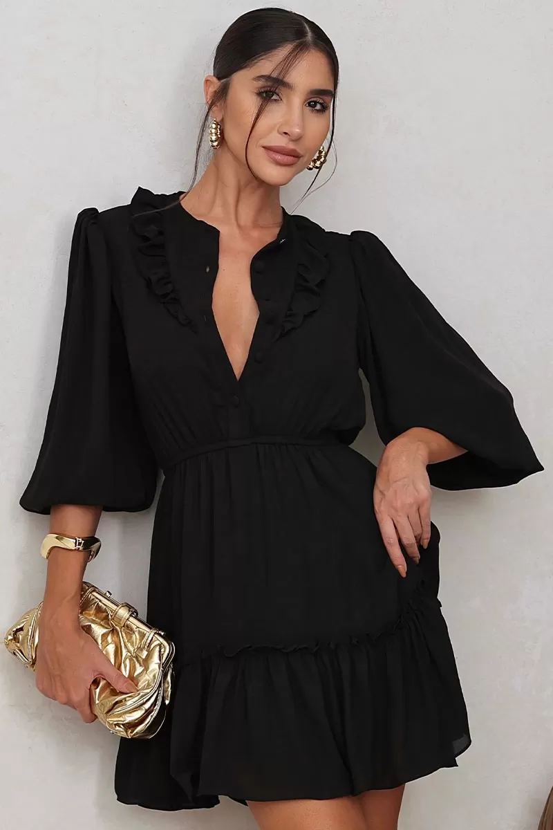 Miss Misses - Fatima Crepe Dress with EC frill and Black Button - 54501001 Miss Misses - Fatima Crepe Dress with EC frill and Black Button - 54501001