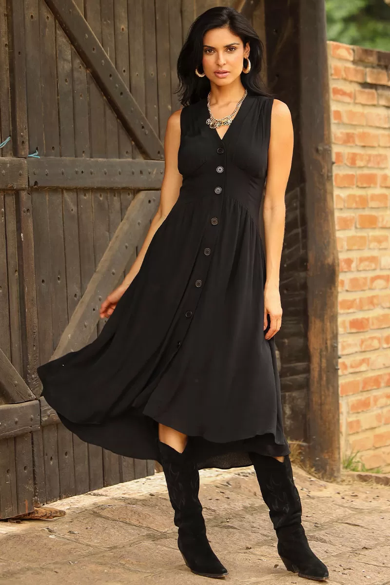 Miss Misses - Heide Dress Open Front With Buttons Black - 54522001 Miss Misses - Heide Dress Open Front With Buttons Black - 54522001