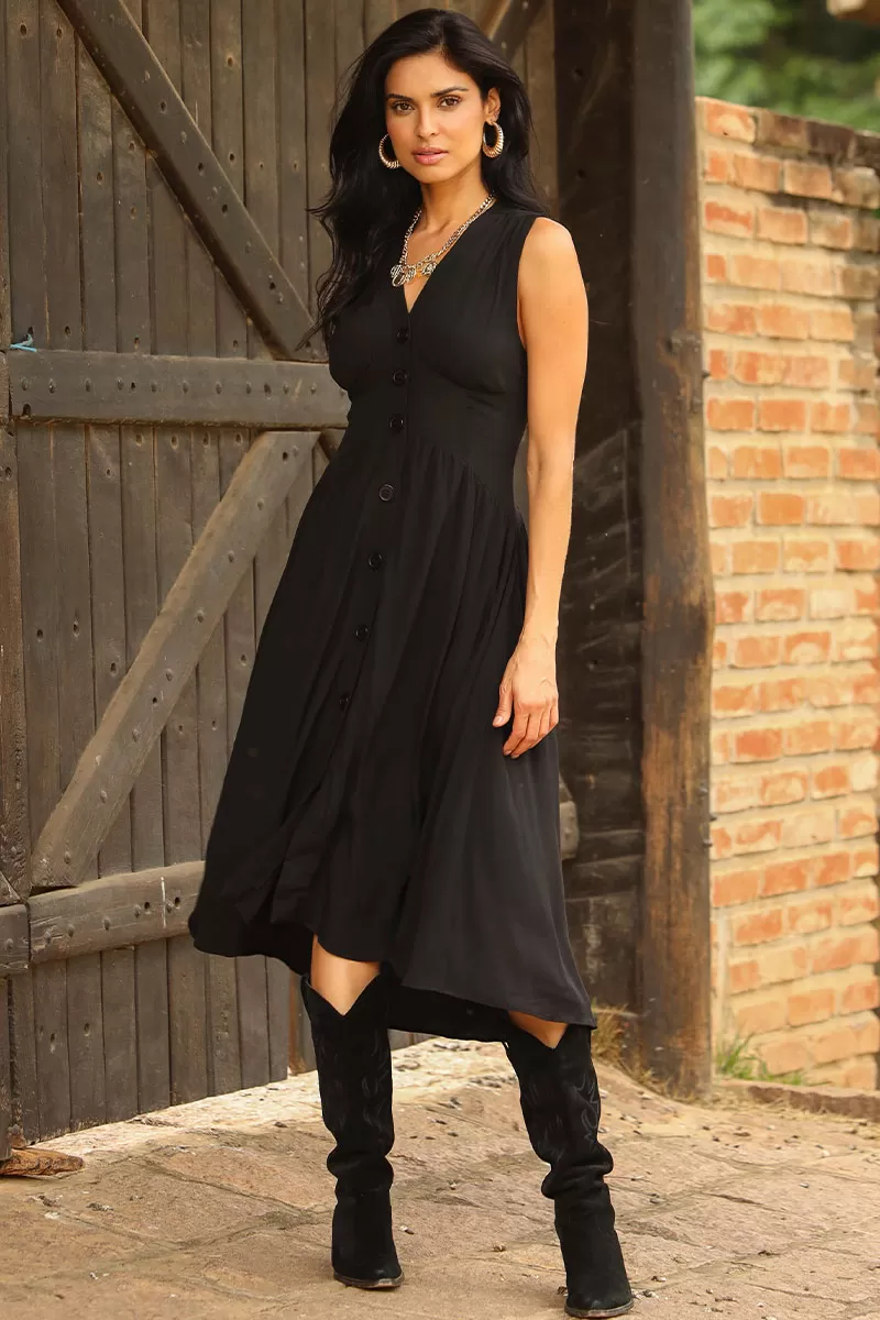 Miss Misses - Heide Dress Open Front With Buttons Black - 54522001 Miss Misses - Heide Dress Open Front With Buttons Black - 54522001