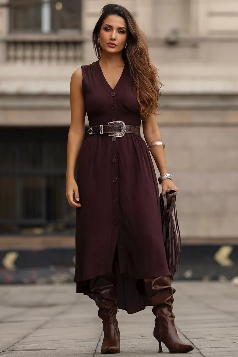 Miss Misses - Heide Open Front Dress with Buttons in Brown - 54522214 Miss Misses - Heide Open Front Dress with Buttons in Brown - 54522214
