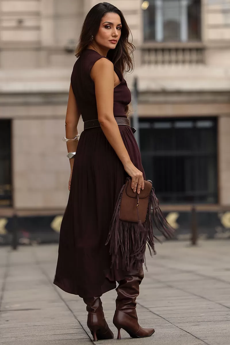 Miss Misses - Heide Open Front Dress with Buttons in Brown - 54522214 Miss Misses - Heide Open Front Dress with Buttons in Brown - 54522214