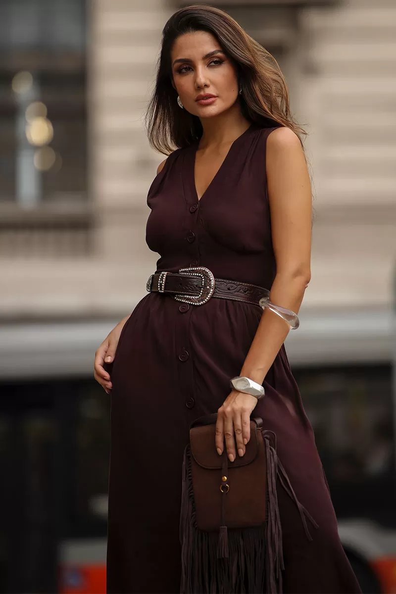 Miss Misses - Heide Open Front Dress with Buttons in Brown - 54522214 Miss Misses - Heide Open Front Dress with Buttons in Brown - 54522214