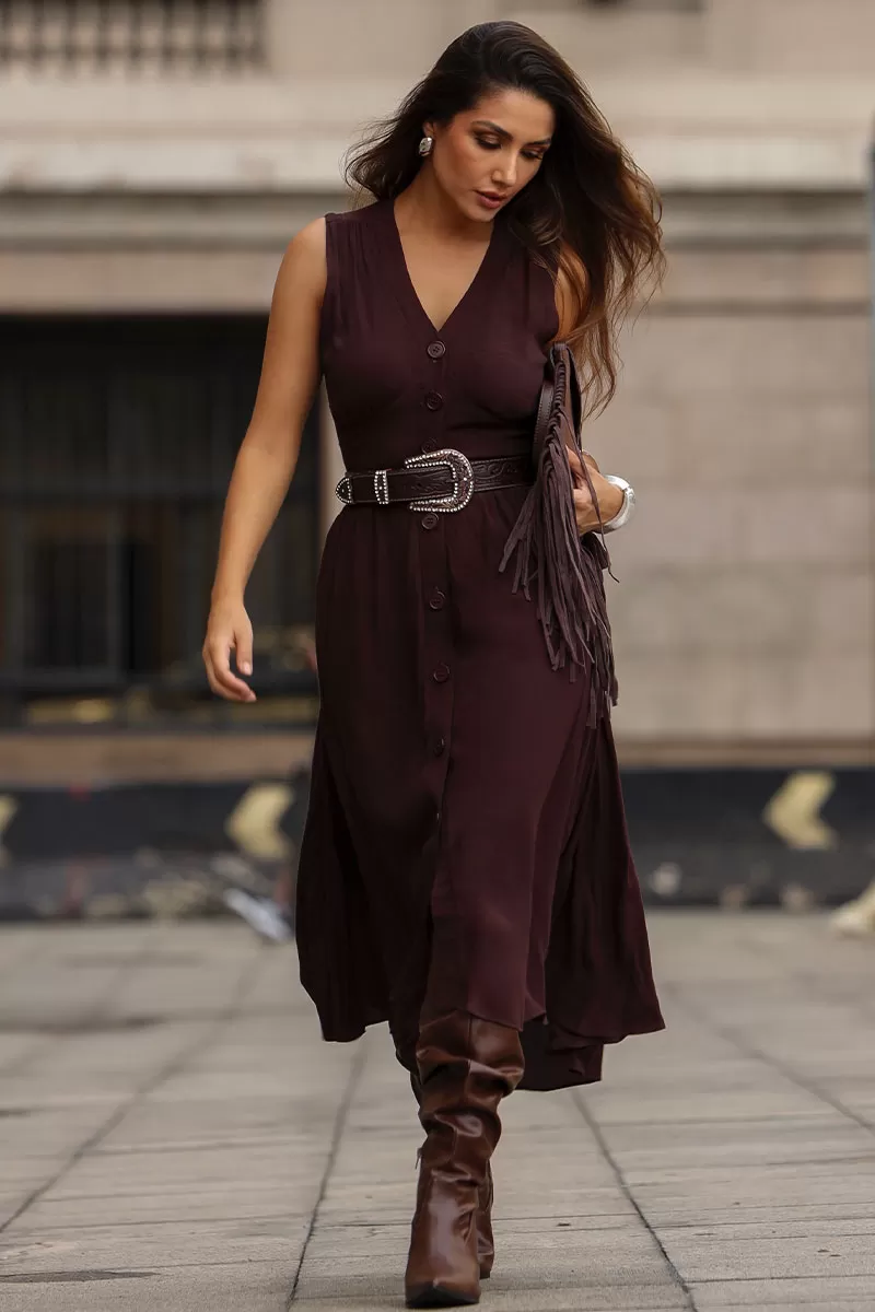 Miss Misses - Heide Open Front Dress with Buttons in Brown - 54522214 Miss Misses - Heide Open Front Dress with Buttons in Brown - 54522214
