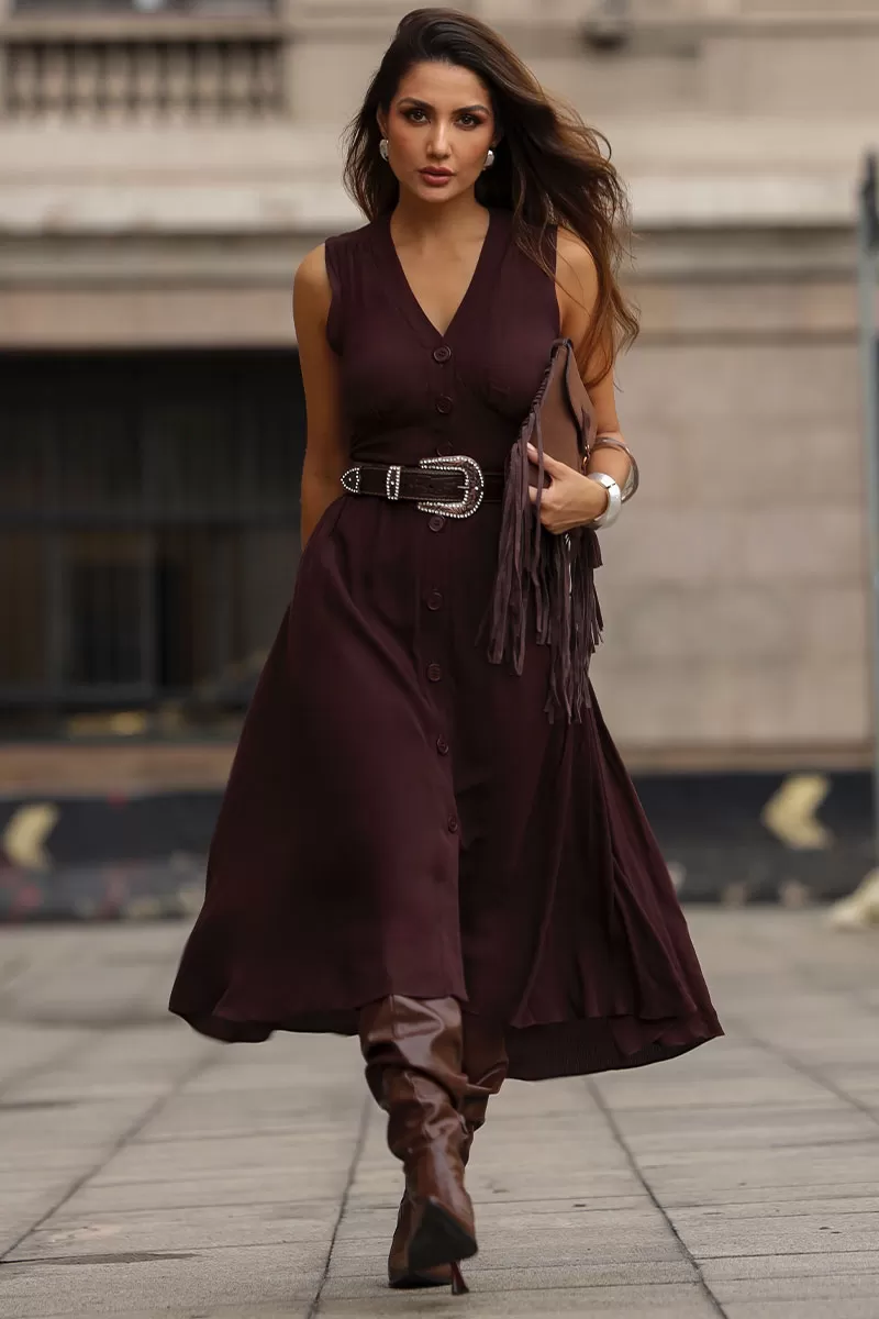 Miss Misses - Heide Open Front Dress with Buttons in Brown - 54522214 Miss Misses - Heide Open Front Dress with Buttons in Brown - 54522214