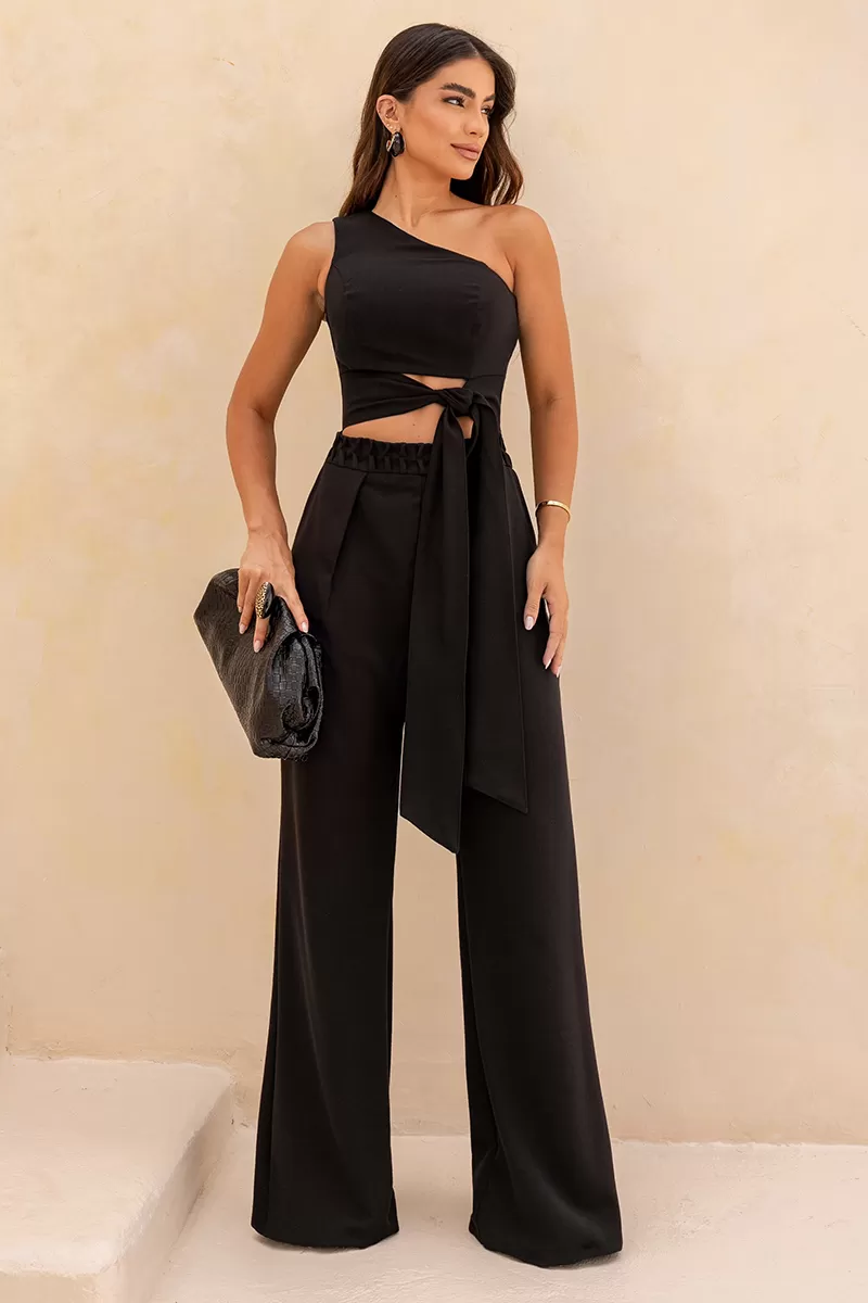 Dot Clothing - Katia Dot Clothing Jumpsuit with Tie Detail in Black - 2636PRETO
