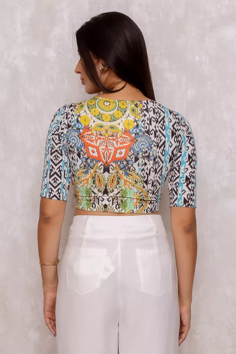 Miss Misses - Miss Misses Short Sleeve Printed Cropped Shirt - 45125