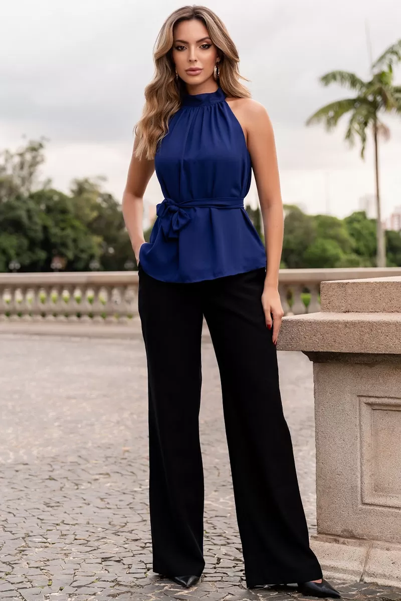 Miss Misses - Nivia Crepe Shirt with Bow on the Collar Navy Blue - 54479004 Miss Misses - Nivia Crepe Shirt with Bow on the Collar Navy Blue - 54479004
