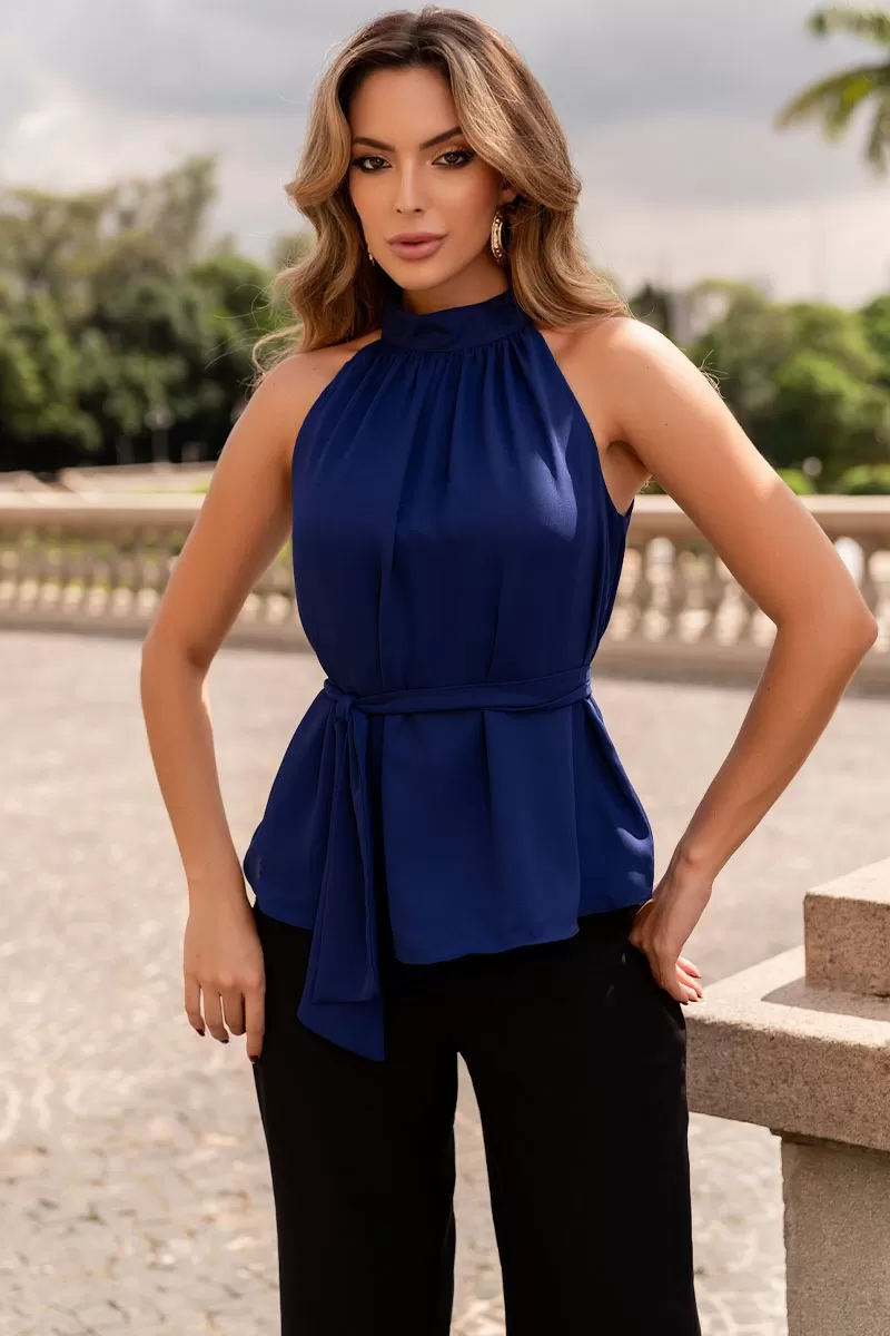 Miss Misses - Nivia Crepe Shirt with Bow on the Collar Navy Blue - 54479004 Miss Misses - Nivia Crepe Shirt with Bow on the Collar Navy Blue - 54479004