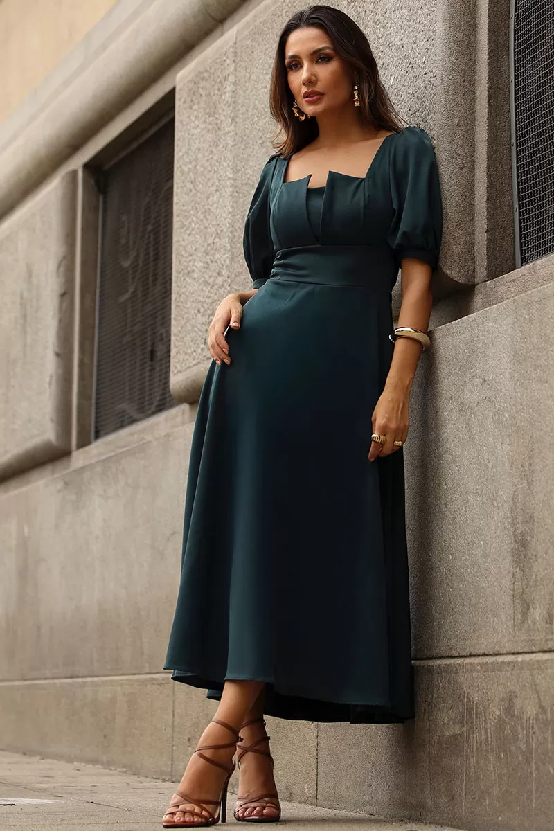 Miss Misses - Daniela 3/4 Sleeve Dress with Zipper in Green - 54514023 Miss Misses - Daniela 3/4 Sleeve Dress with Zipper in Green - 54514023