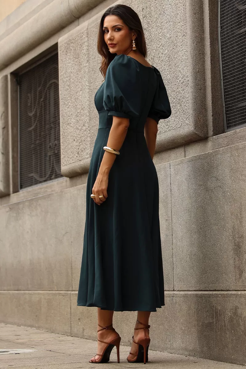 Miss Misses - Daniela 3/4 Sleeve Dress with Zipper in Green - 54514023 Miss Misses - Daniela 3/4 Sleeve Dress with Zipper in Green - 54514023