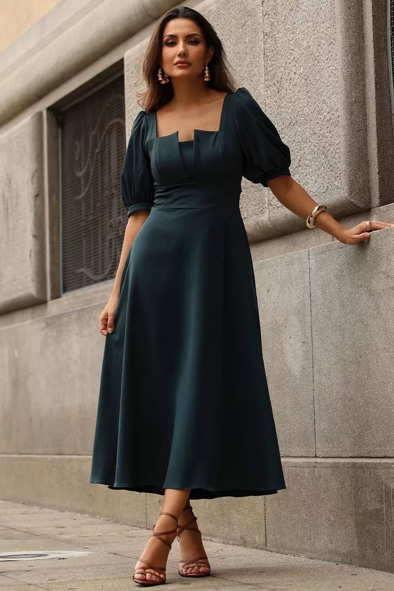 Miss Misses - Daniela 3/4 Sleeve Dress with Zipper in Green - 54514023 Miss Misses - Daniela 3/4 Sleeve Dress with Zipper in Green - 54514023