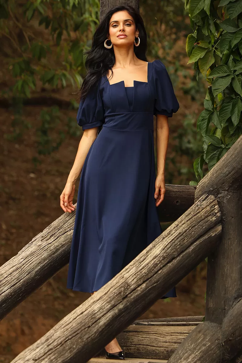 Miss Misses - Daniela 3/4 Sleeve Dress with Zipper Navy Blue - 54514004 Miss Misses - Daniela 3/4 Sleeve Dress with Zipper Navy Blue - 54514004