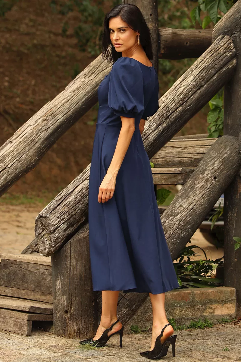 Miss Misses - Daniela 3/4 Sleeve Dress with Zipper Navy Blue - 54514004 Miss Misses - Daniela 3/4 Sleeve Dress with Zipper Navy Blue - 54514004