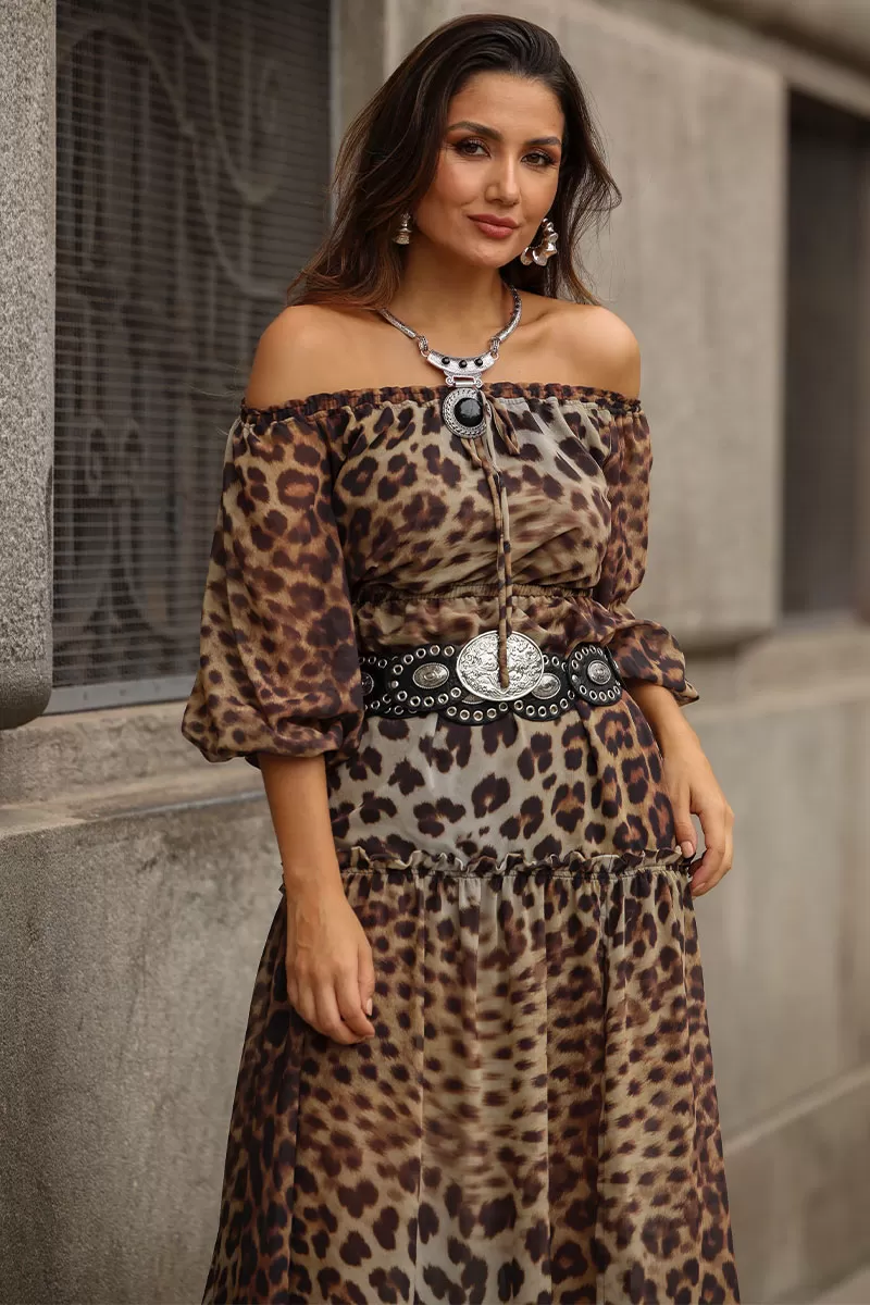 Miss Misses - Clara Crepe Printed Long Dress with Brown Slit - 54527214 Miss Misses - Clara Crepe Printed Long Dress with Brown Slit - 54527214