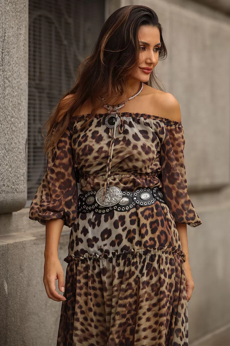 Miss Misses - Clara Crepe Printed Long Dress with Brown Slit - 54527214 Miss Misses - Clara Crepe Printed Long Dress with Brown Slit - 54527214