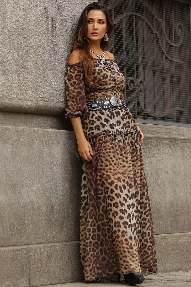 Miss Misses - Clara Crepe Printed Long Dress with Brown Slit - 54527214 Miss Misses - Clara Crepe Printed Long Dress with Brown Slit - 54527214