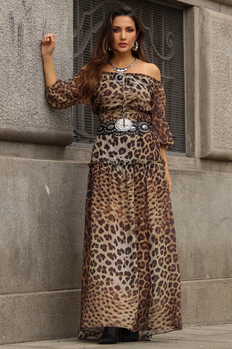 Miss Misses - Clara Crepe Printed Long Dress with Brown Slit - 54527214 Miss Misses - Clara Crepe Printed Long Dress with Brown Slit - 54527214