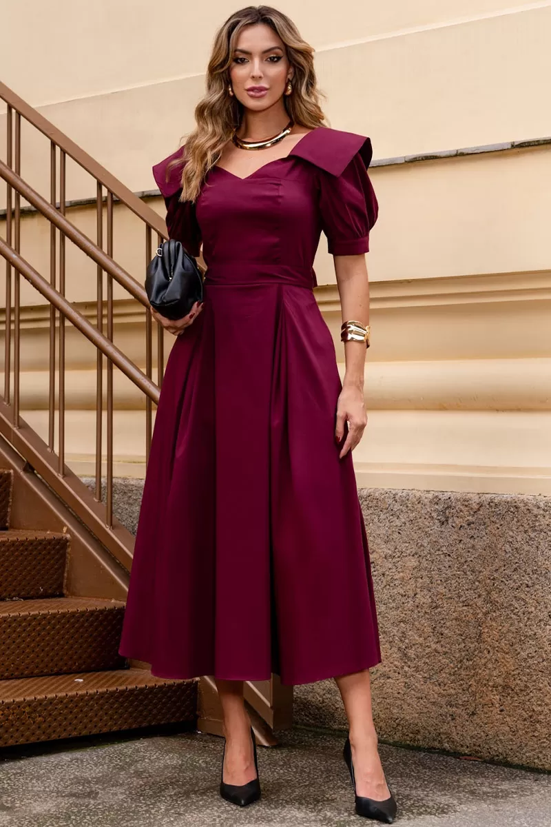 Miss Misses - Karen Midi Dress with EC Collar and Wine Sash - 54424006