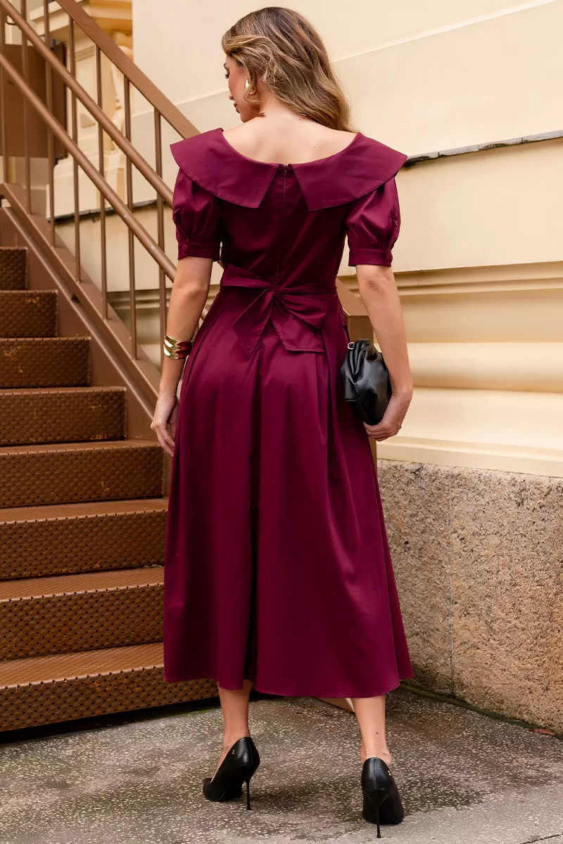 Miss Misses - Karen Midi Dress with EC Collar and Wine Sash - 54424006 Miss Misses - Karen Midi Dress with EC Collar and Wine Sash - 54424006