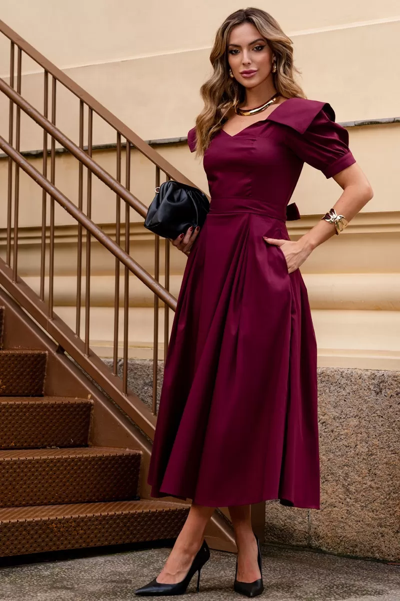 Miss Misses - Karen Midi Dress with EC Collar and Wine Sash - 54424006 Miss Misses - Karen Midi Dress with EC Collar and Wine Sash - 54424006