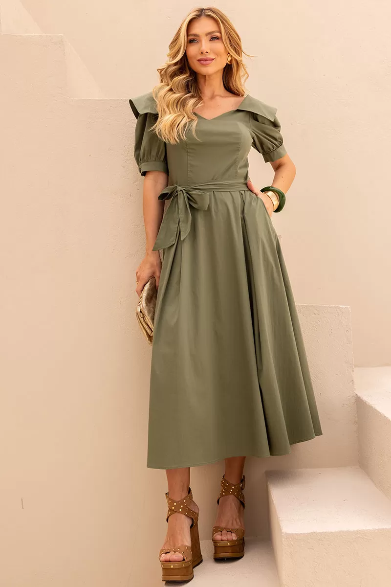 Miss Misses - Karen Midi Dress with EC Collar/Green Stripe - 54424023