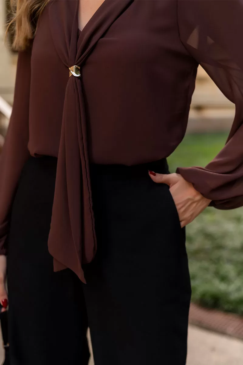 Miss Misses - Neusa Crepe Long Sleeve Shirt with Brown Metal Loop - 54480214 Miss Misses - Neusa Crepe Long Sleeve Shirt with Brown Metal Loop - 54480214