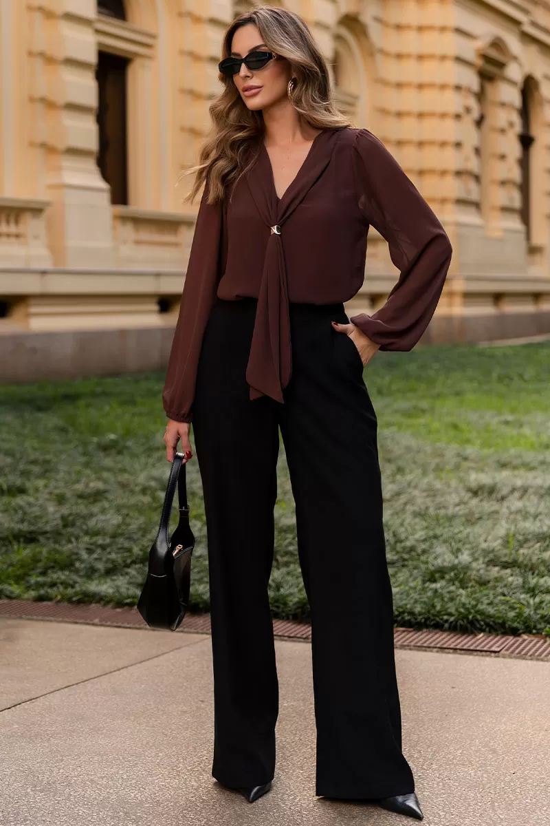 Miss Misses - Neusa Crepe Long Sleeve Shirt with Brown Metal Loop - 54480214 Miss Misses - Neusa Crepe Long Sleeve Shirt with Brown Metal Loop - 54480214