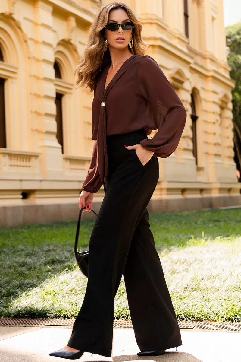 Miss Misses - Neusa Crepe Long Sleeve Shirt with Brown Metal Loop - 54480214 Miss Misses - Neusa Crepe Long Sleeve Shirt with Brown Metal Loop - 54480214