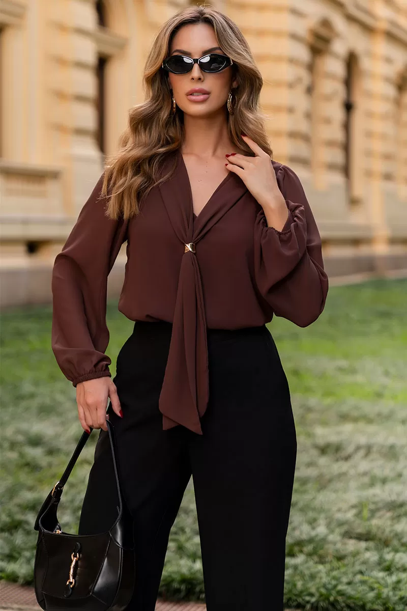Miss Misses - Neusa Crepe Long Sleeve Shirt with Brown Metal Loop - 54480214 Miss Misses - Neusa Crepe Long Sleeve Shirt with Brown Metal Loop - 54480214