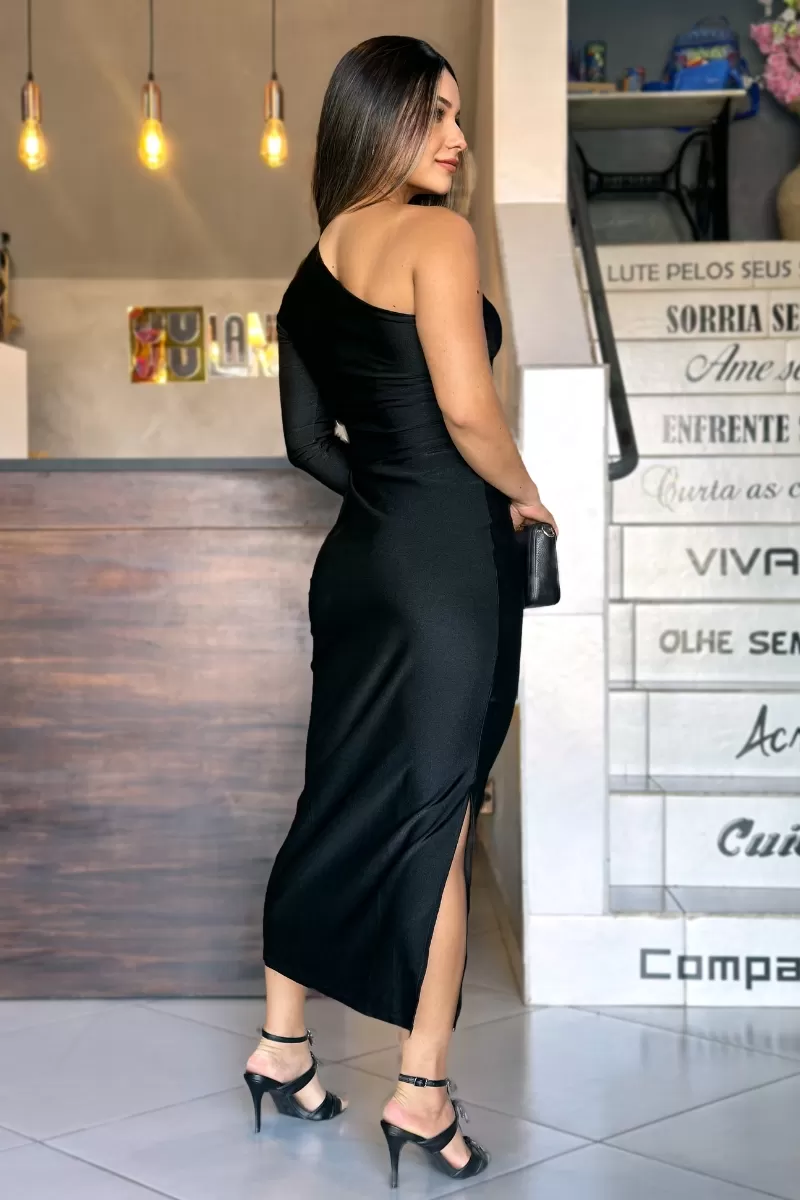 LANÇA PERFUME - Super Midi Dress with Single Sleeve and Side Slit Lança Perfume - 11336 LANÇA PERFUME - Super Midi Dress with Single Sleeve and Side Slit Lança Perfume - 11336
