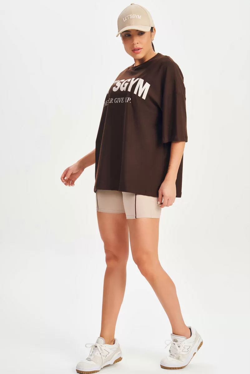 Lets Gym - Never Give Up Coffee Oversized T-Shirt - 2696CF Lets Gym - Never Give Up Coffee Oversized T-Shirt - 2696CF