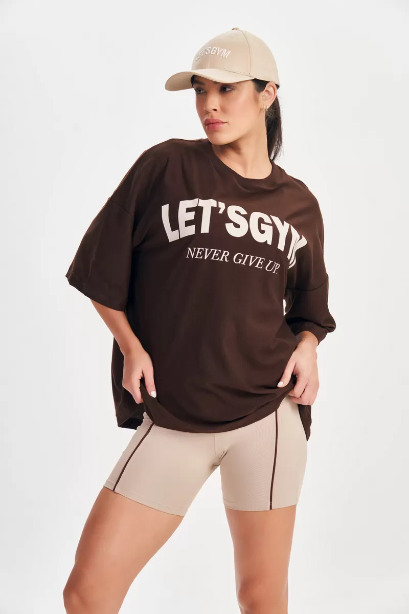 Lets Gym - Never Give Up Coffee Oversized T-Shirt - 2696CF Lets Gym - Never Give Up Coffee Oversized T-Shirt - 2696CF