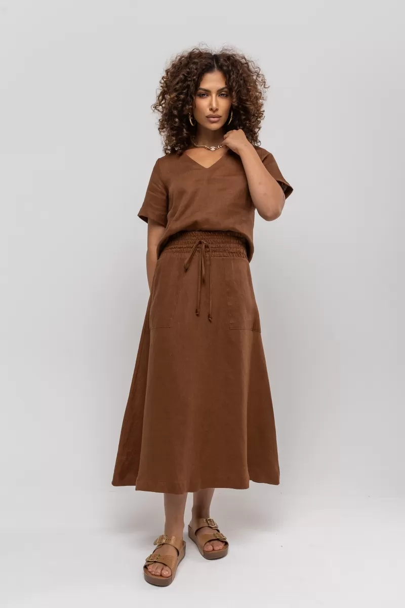 Hidrogênio - BROWN LINEN MIDI FLARE SKIRT - 20384031 Hidrogênio - BROWN LINEN MIDI FLARE SKIRT - 20384031