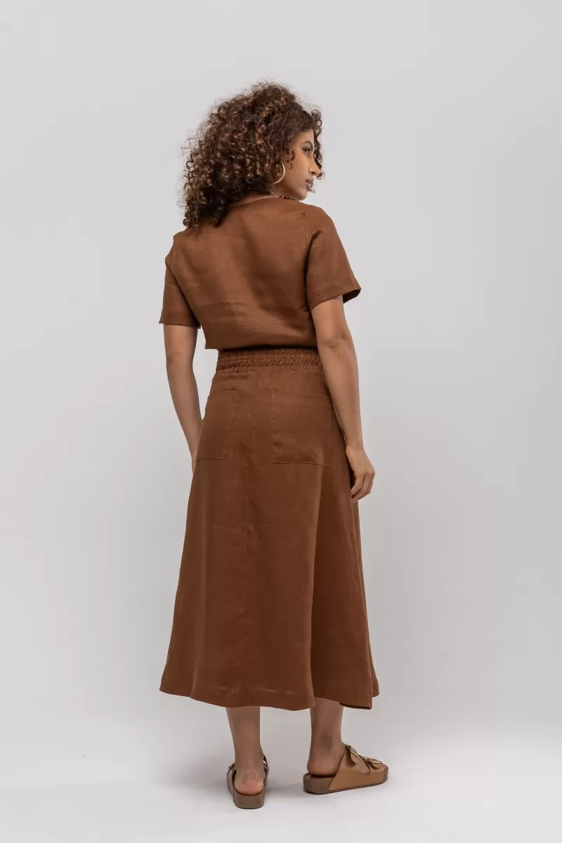 Hidrogênio - BROWN LINEN MIDI FLARE SKIRT - 20384031 Hidrogênio - BROWN LINEN MIDI FLARE SKIRT - 20384031